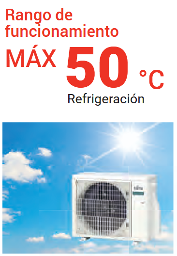 Funcionamiento eficiente incluso a altas temperaturas Este modelo está preparado para ofrecer un rendimiento eficiente incluso en condiciones exteriores exigentes. Puede trabajar en modo refrigeración con temperaturas exteriores de hasta 50 ºC, aportando aire fresco y confortable incluso en días de calor intenso.  Esta prestación es muy importante en zonas cálidas o viviendas con alta exposición solar, donde el equipo debe mantener un funcionamiento estable durante los meses más exigentes del verano.